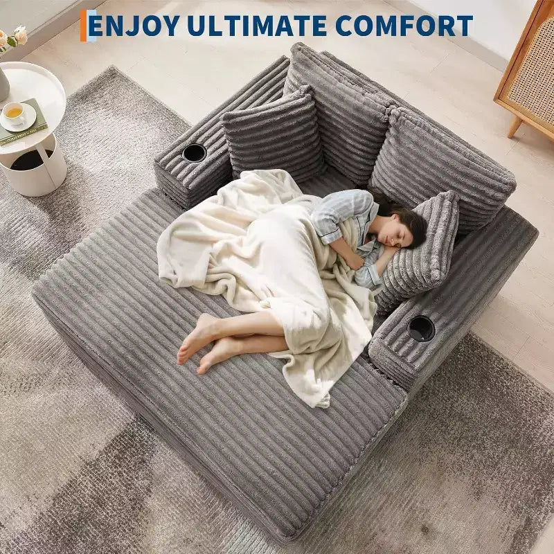 Sedia a sdraio oversize, divano letto imbottito da 152 cm con cuscini decorativi e braccioli, divano letto in velluto a coste per soggiorno, camera da letto