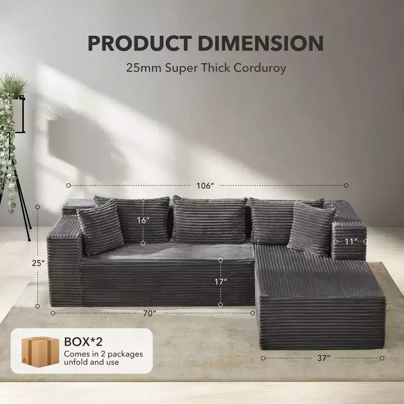 SunnyFurn Divano Sezionale Modulare a L Moderno 106, Divano Cloud Oversize, Seduta Profonda in Morbido Velluto a Coste, Design Minimalista, Comodo e Morbido