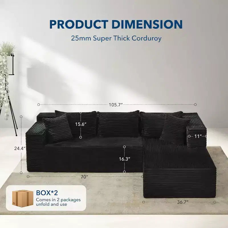 SunnyFurn Divano Sezionale Modulare a L Moderno 106, Divano Cloud Oversize, Seduta Profonda in Morbido Velluto a Coste, Design Minimalista, Comodo e Morbido
