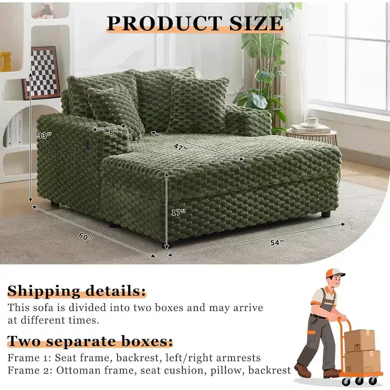 Chaise longue da interno oversize da 152 cm, divano letto imbottito con cuscini e braccioli, comoda sedia da lettura per soggiorno camera da letto, verde