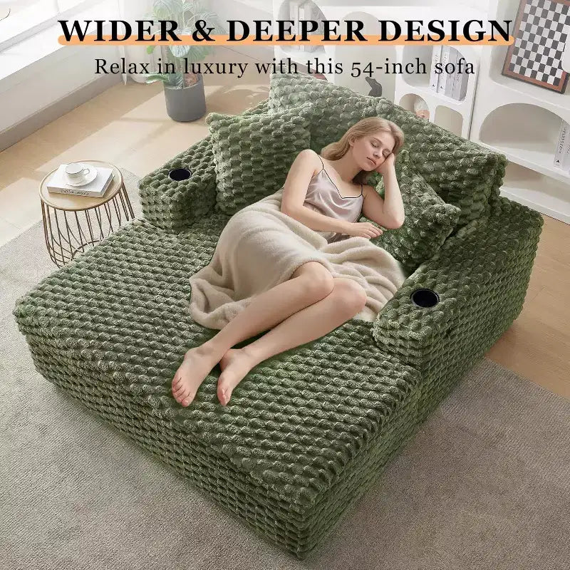 Chaise longue da interno oversize da 152 cm, divano letto imbottito con cuscini e braccioli, comoda sedia da lettura per soggiorno camera da letto, verde
