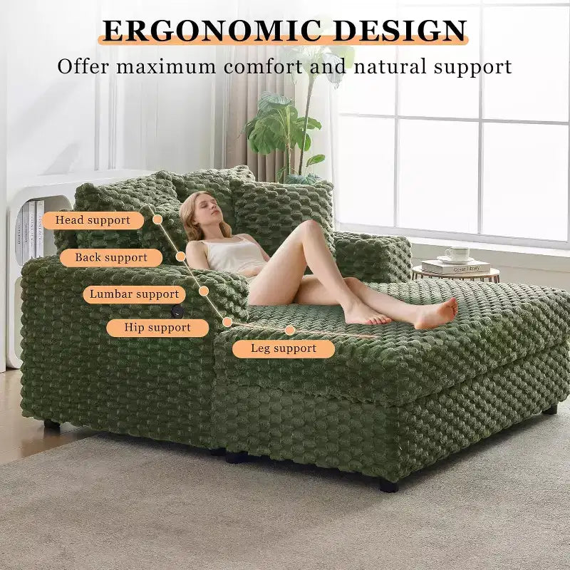 Chaise longue da interno oversize da 152 cm, divano letto imbottito con cuscini e braccioli, comoda sedia da lettura per soggiorno camera da letto, verde