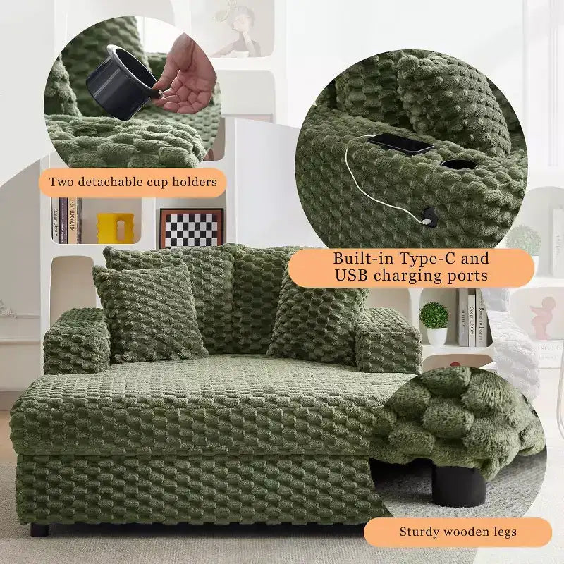 Chaise longue da interno oversize da 152 cm, divano letto imbottito con cuscini e braccioli, comoda sedia da lettura per soggiorno camera da letto, verde