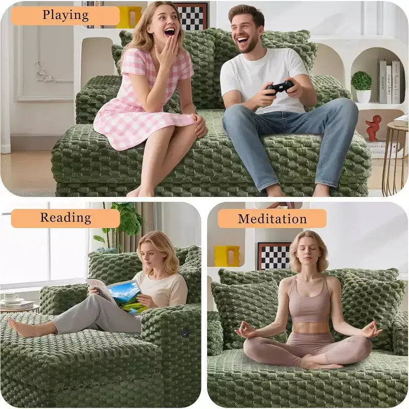 Chaise longue da interno oversize da 152 cm, divano letto imbottito con cuscini e braccioli, comoda sedia da lettura per soggiorno camera da letto, verde