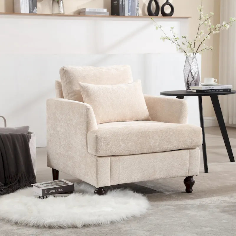 Beige Chenille Upholstered Accent Arm Chair with Solid Wood Frame