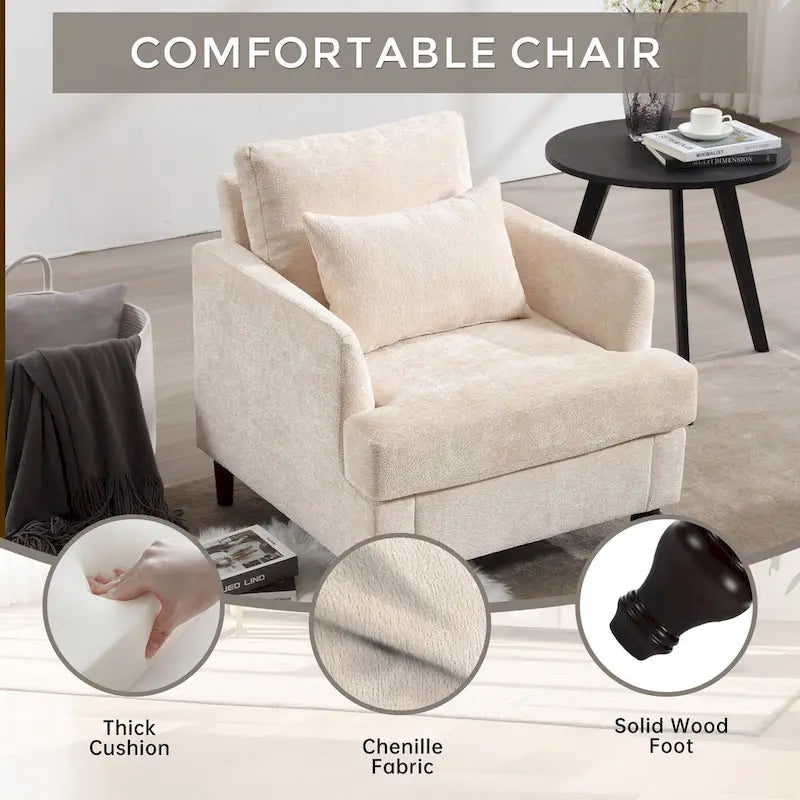 Beige Chenille Upholstered Accent Arm Chair with Solid Wood Frame