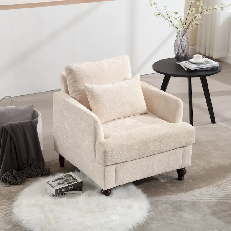 Beige Chenille Upholstered Accent Arm Chair with Solid Wood Frame