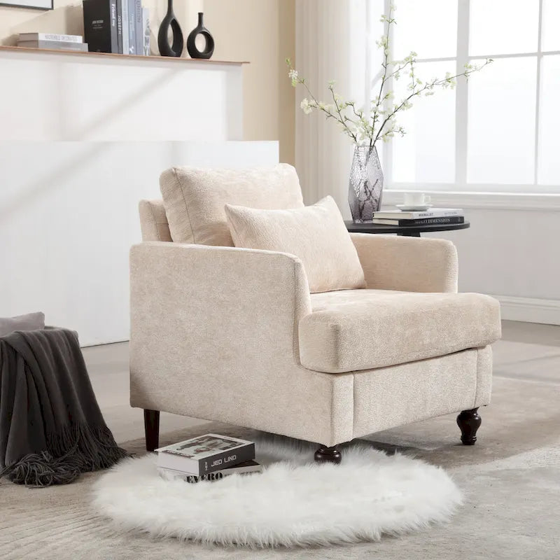 Beige Chenille Upholstered Accent Arm Chair with Solid Wood Frame