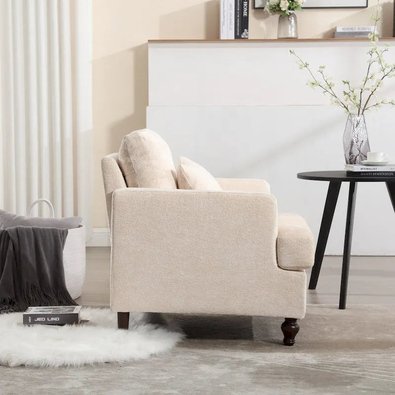 Beige Chenille Upholstered Accent Arm Chair with Solid Wood Frame
