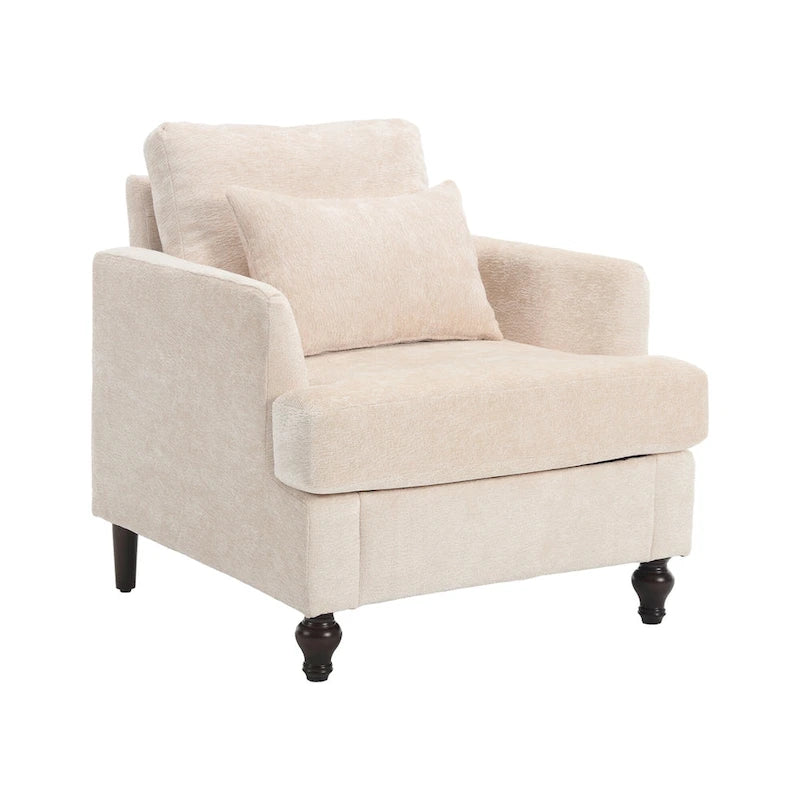 Beige Chenille Upholstered Accent Arm Chair with Solid Wood Frame
