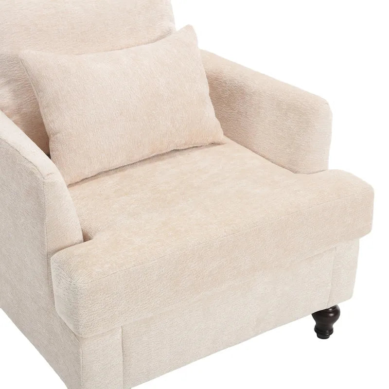Beige Chenille Upholstered Accent Arm Chair with Solid Wood Frame