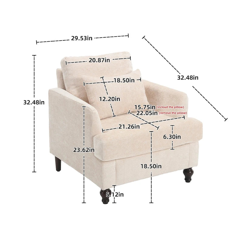 Beige Chenille Upholstered Accent Arm Chair with Solid Wood Frame