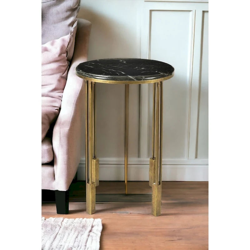 23-Inch Gold and Black Marble Round End Table with Iron Base