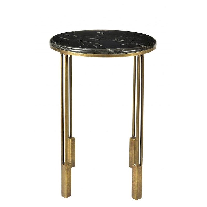23-Inch Gold and Black Marble Round End Table with Iron Base