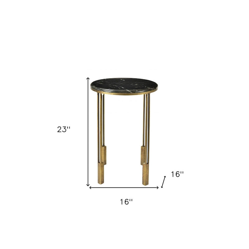 23-Inch Gold and Black Marble Round End Table with Iron Base