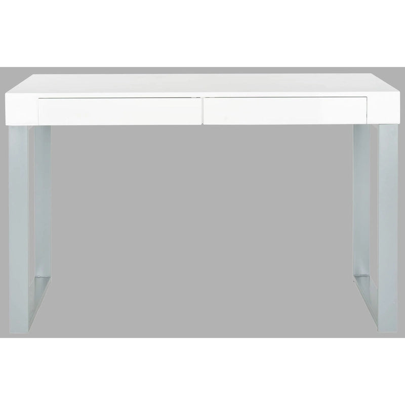 Contemporary White Lacquer Desk with Grey Iron Base and 2 Drawers