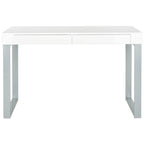 Contemporary White Lacquer Desk with Grey Iron Base and 2 Drawers