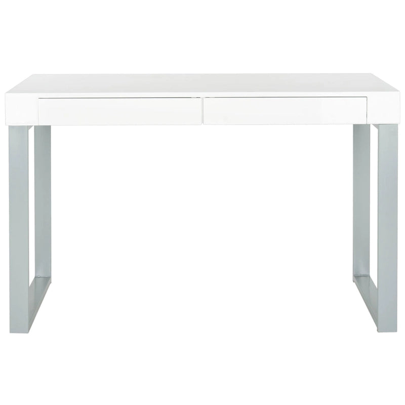 Contemporary White Lacquer Desk with Grey Iron Base and 2 Drawers