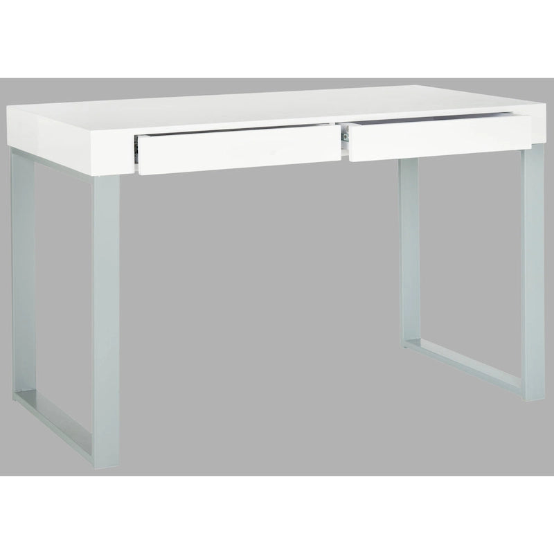 Contemporary White Lacquer Desk with Grey Iron Base and 2 Drawers