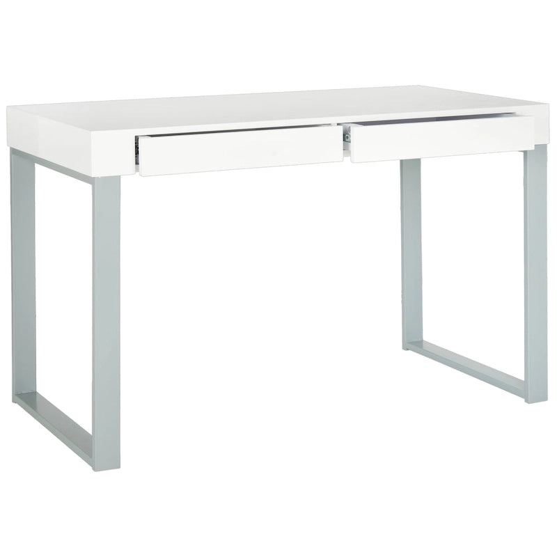Contemporary White Lacquer Desk with Grey Iron Base and 2 Drawers