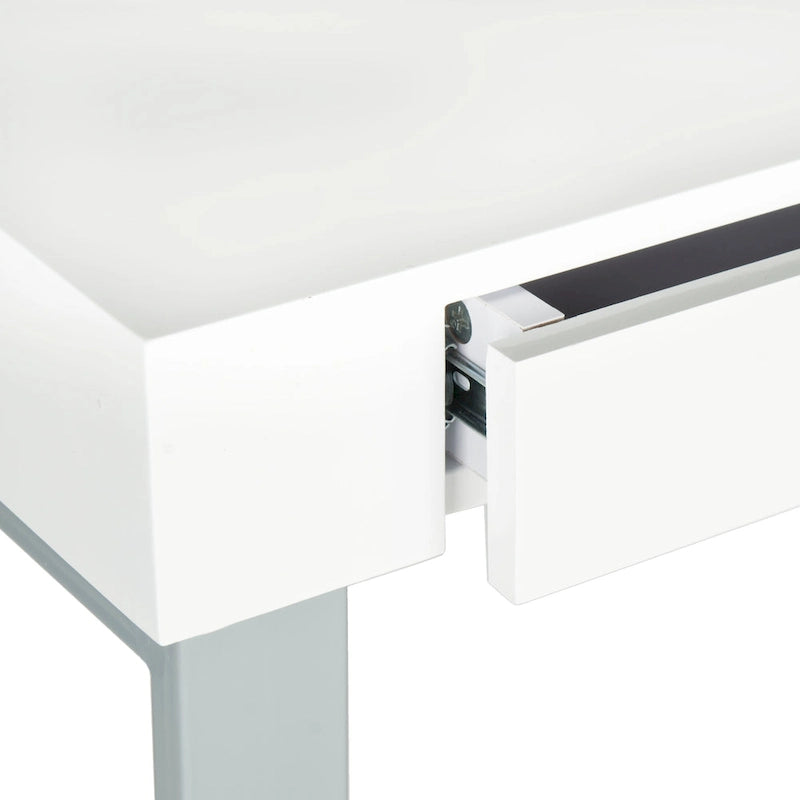 Contemporary White Lacquer Desk with Grey Iron Base and 2 Drawers