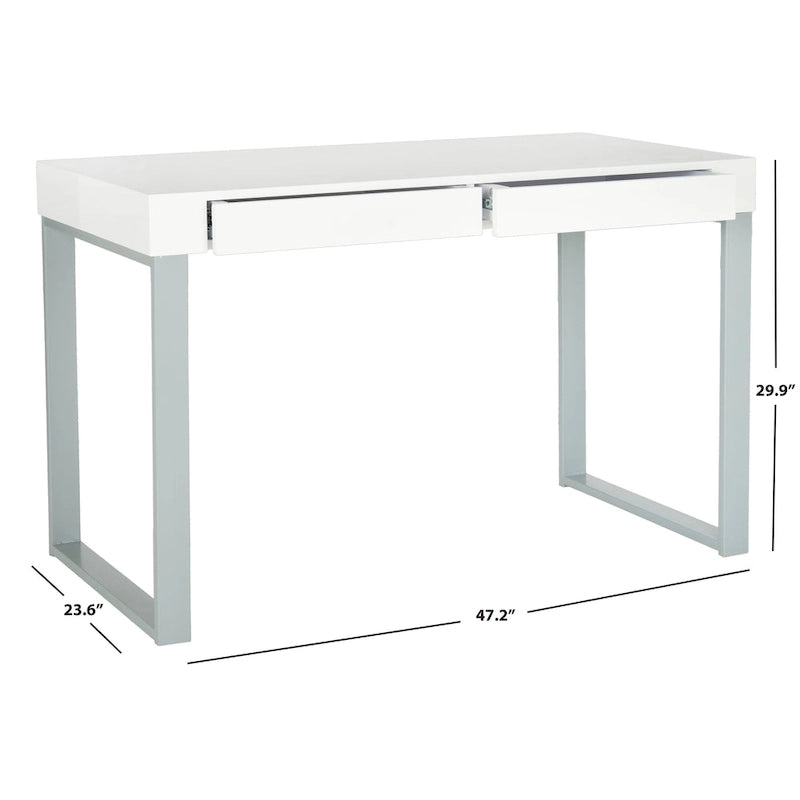 Contemporary White Lacquer Desk with Grey Iron Base and 2 Drawers