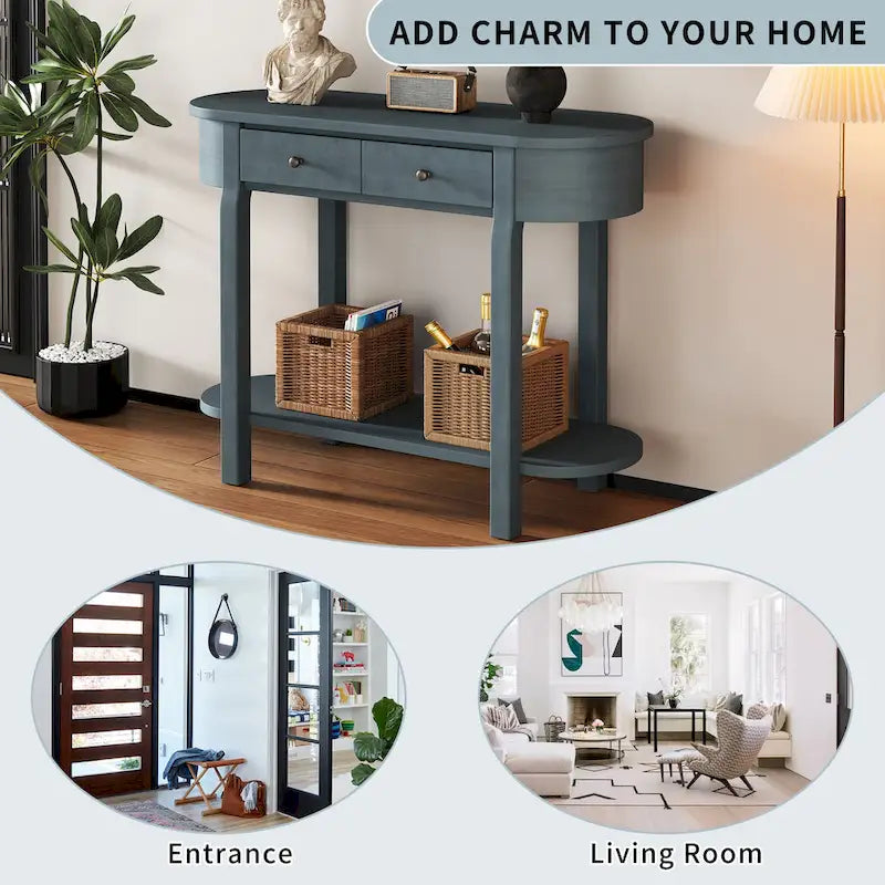 Vintage Console Table with 2 Storage Drawers, Open Lower Shelf, and Curved Design for Home Entryway and Hotel