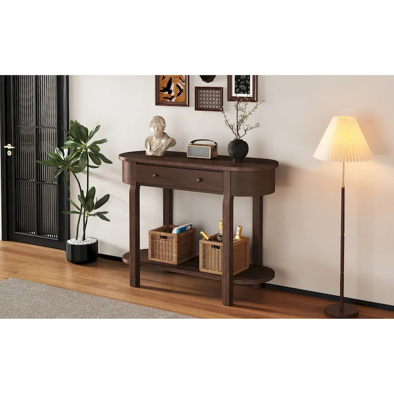 Vintage Console Table with 2 Storage Drawers, Open Lower Shelf, and Curved Design for Home Entryway and Hotel