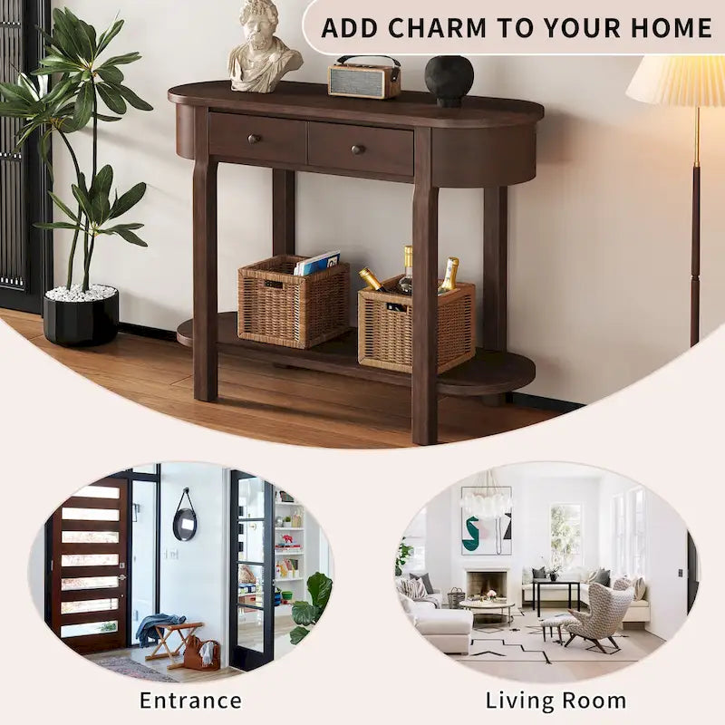 Vintage Console Table with 2 Storage Drawers, Open Lower Shelf, and Curved Design for Home Entryway and Hotel