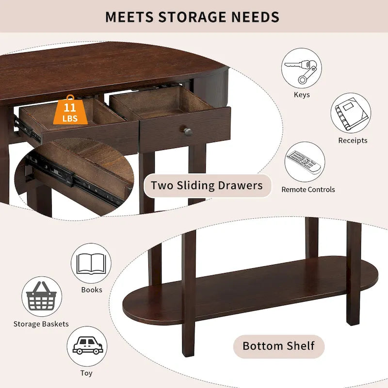 Vintage Console Table with 2 Storage Drawers, Open Lower Shelf, and Curved Design for Home Entryway and Hotel