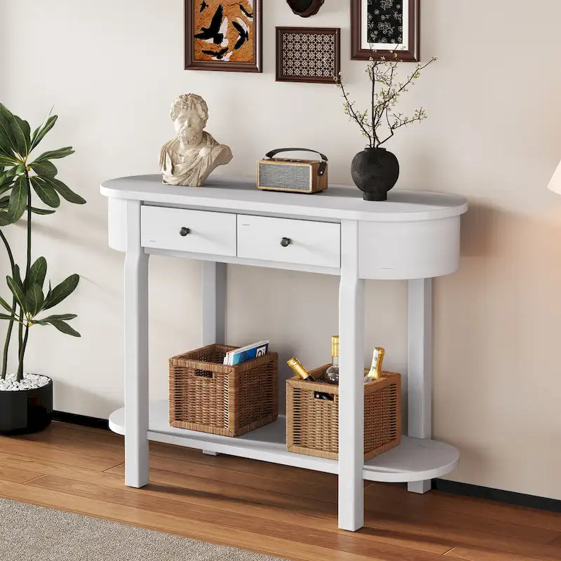 Vintage Console Table with 2 Storage Drawers, Open Lower Shelf, and Curved Design for Home Entryway and Hotel