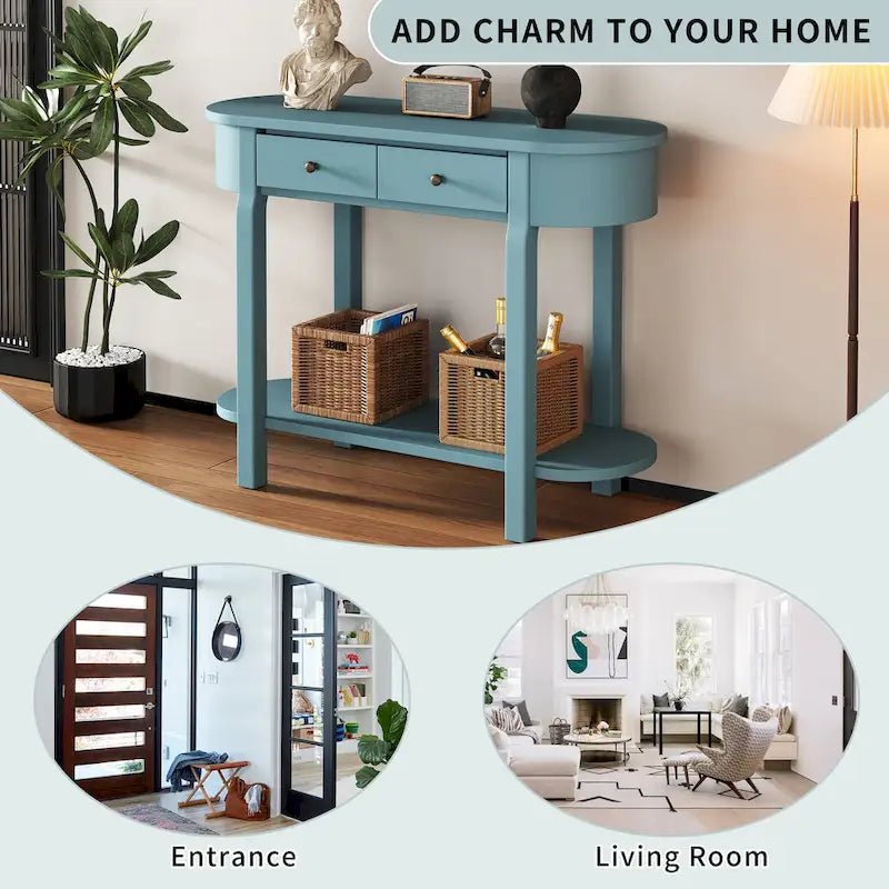Vintage Console Table with 2 Storage Drawers, Open Lower Shelf, and Curved Design for Home Entryway and Hotel