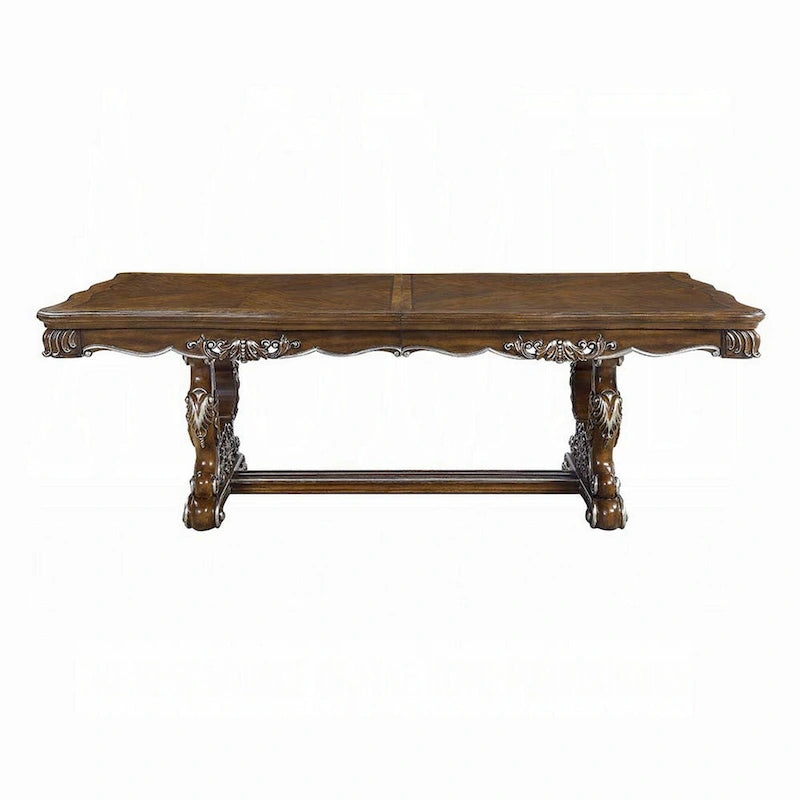 Extendable Dining Table with Carved Silver Trim, Antique Oak, 90-114 Inch, Seats 10