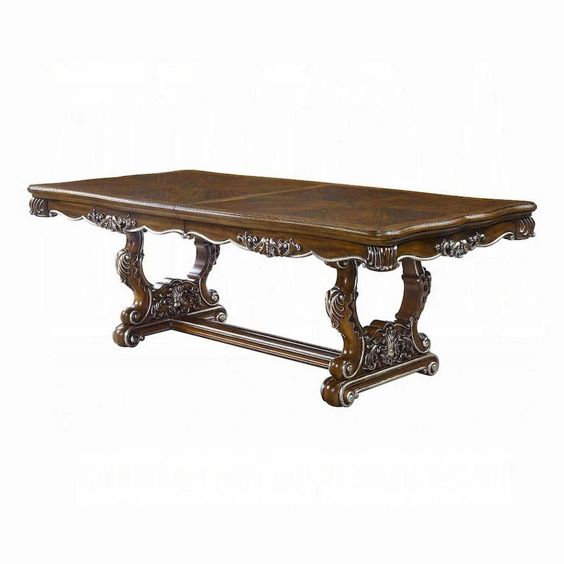 Extendable Dining Table with Carved Silver Trim, Antique Oak, 90-114 Inch, Seats 10