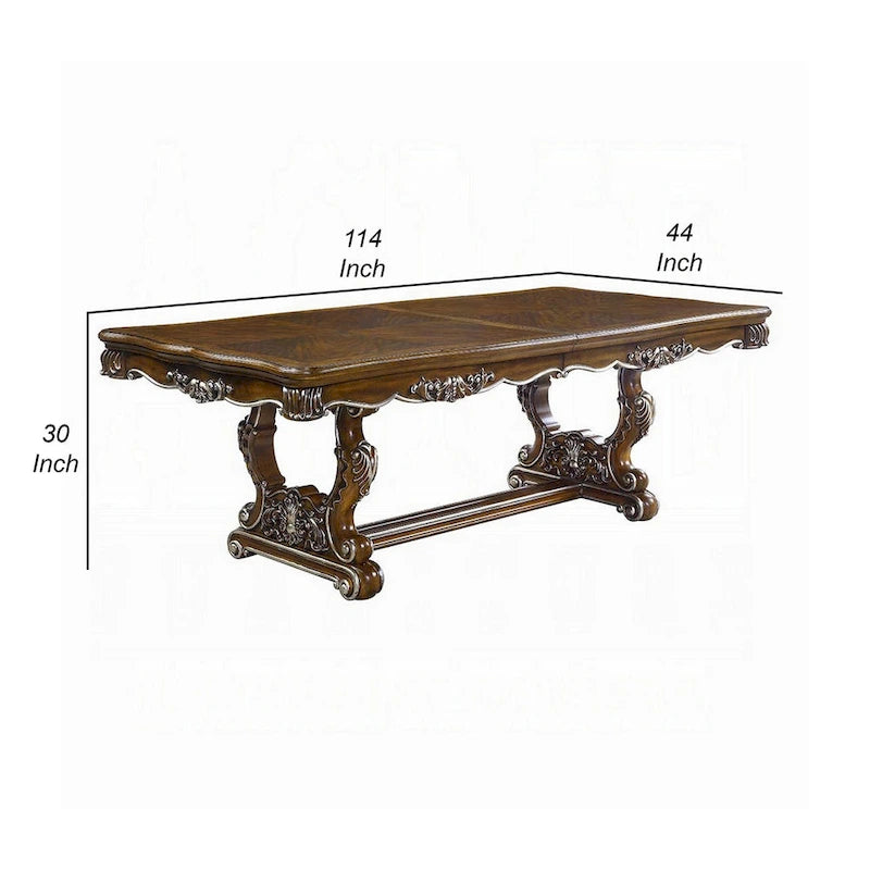 Extendable Dining Table with Carved Silver Trim, Antique Oak, 90-114 Inch, Seats 10
