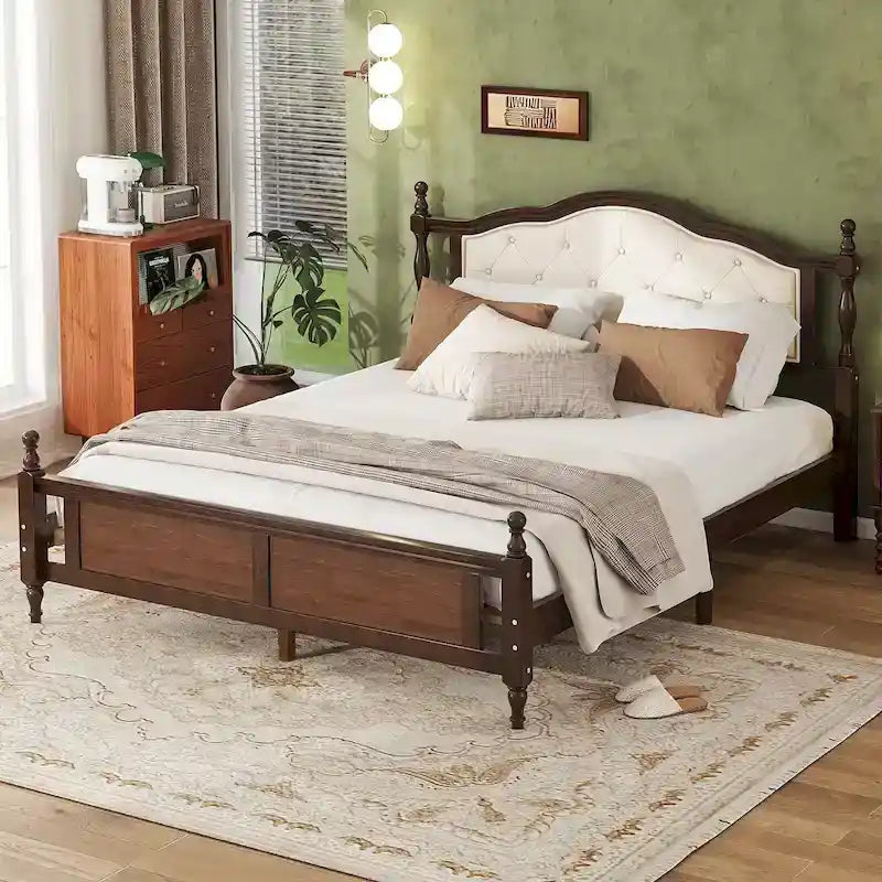 Queen Pine Wood Bed with Upholstered Headboard, Panel Footboard & Hidden Storage | Walnut