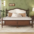 Queen Pine Wood Bed with Upholstered Headboard, Panel Footboard & Hidden Storage | Walnut