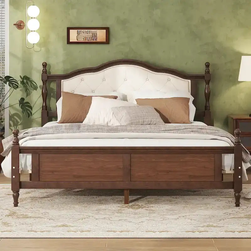 Queen Pine Wood Bed with Upholstered Headboard, Panel Footboard & Hidden Storage | Walnut