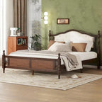 Queen Pine Wood Bed with Upholstered Headboard, Panel Footboard & Hidden Storage | Walnut
