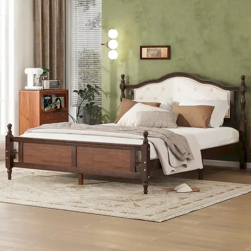 Queen Pine Wood Bed with Upholstered Headboard, Panel Footboard & Hidden Storage | Walnut