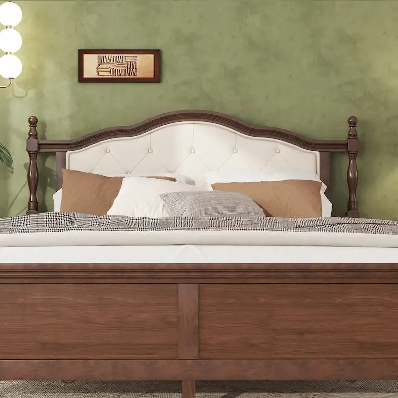 Queen Pine Wood Bed with Upholstered Headboard, Panel Footboard & Hidden Storage | Walnut