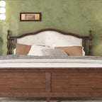 Queen Pine Wood Bed with Upholstered Headboard, Panel Footboard & Hidden Storage | Walnut