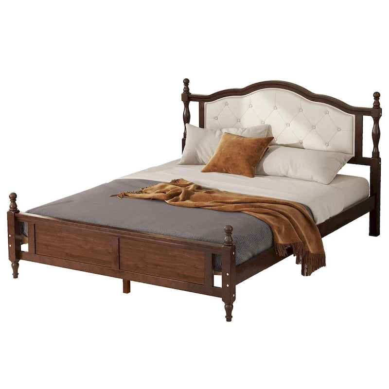 Queen Pine Wood Bed with Upholstered Headboard, Panel Footboard & Hidden Storage | Walnut