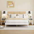 Queen Size Solid Wood Bed Frame with 2 Nightstands, Built-in Lamps, Rattan & Wood Design,White