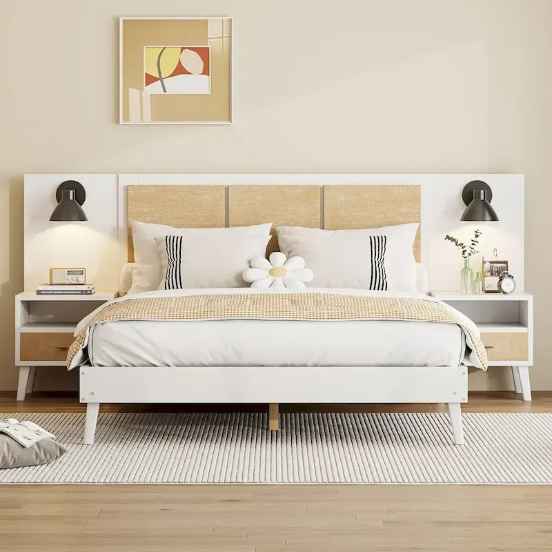 Queen Size Solid Wood Bed Frame with 2 Nightstands, Built-in Lamps, Rattan & Wood Design,White