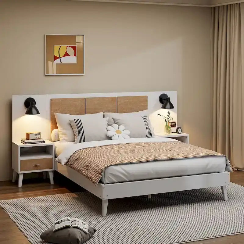 Queen Size Solid Wood Bed Frame with 2 Nightstands, Built-in Lamps, Rattan & Wood Design,White