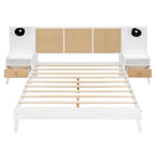 Queen Size Solid Wood Bed Frame with 2 Nightstands, Built-in Lamps, Rattan & Wood Design,White