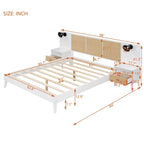 Queen Size Solid Wood Bed Frame with 2 Nightstands, Built-in Lamps, Rattan & Wood Design,White