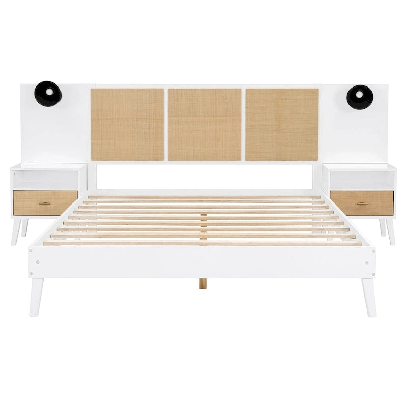 Queen Size Solid Wood Bed Frame with 2 Nightstands, Built-in Lamps, Rattan & Wood Design,White