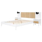 Queen Size Solid Wood Bed Frame with 2 Nightstands, Built-in Lamps, Rattan & Wood Design,White